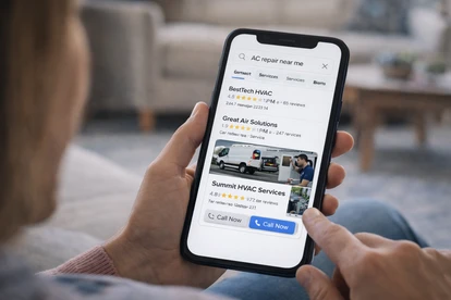 Homeowner searching for HVAC contractor on phone