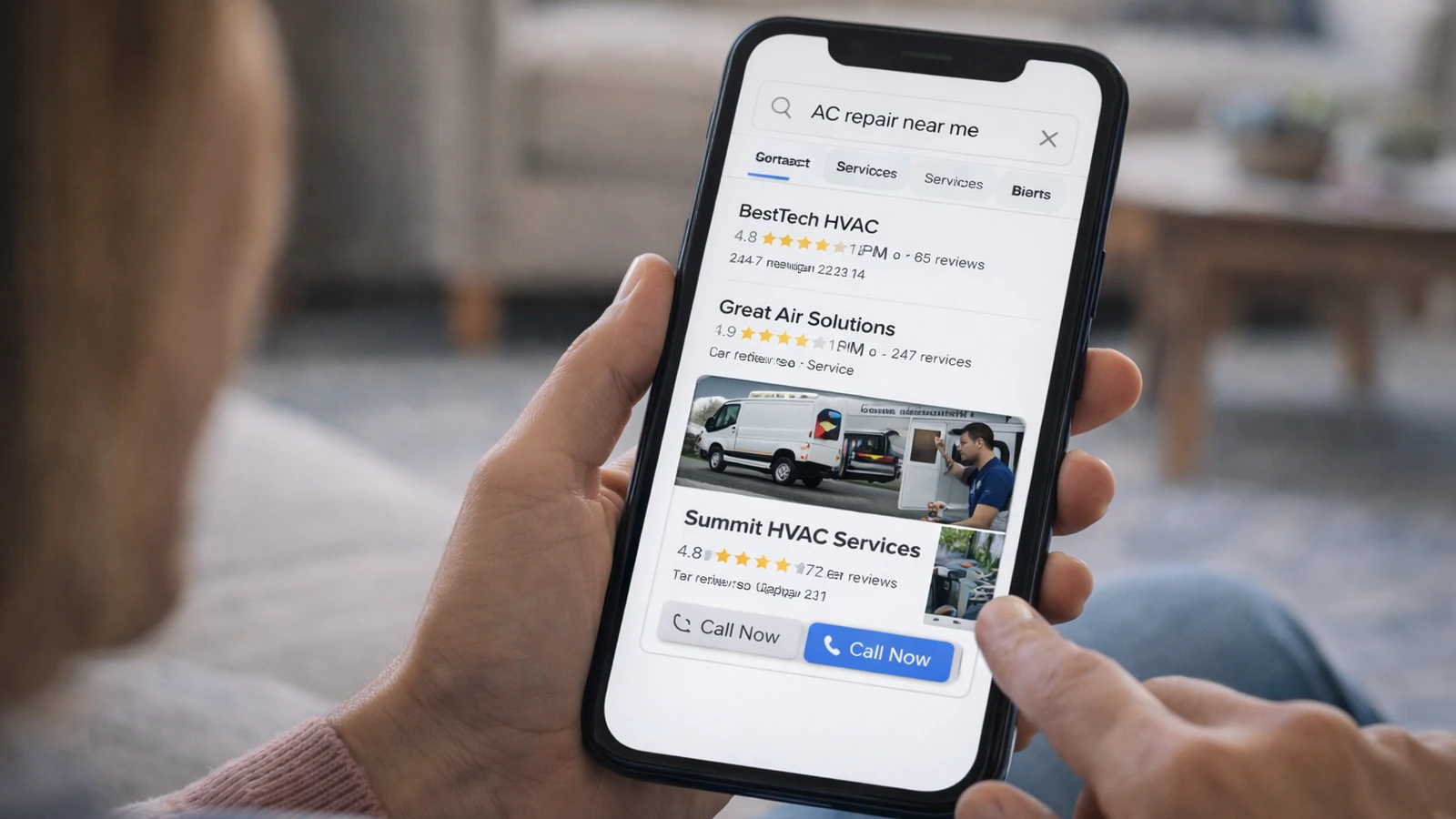 Homeowner searching for HVAC contractor on phone